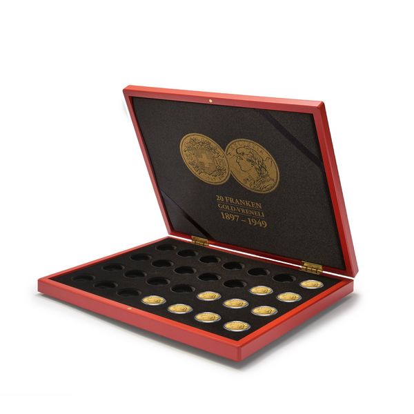 Münzkassette für 28 Gold Vreneli (20 Fr.-) in Kapseln